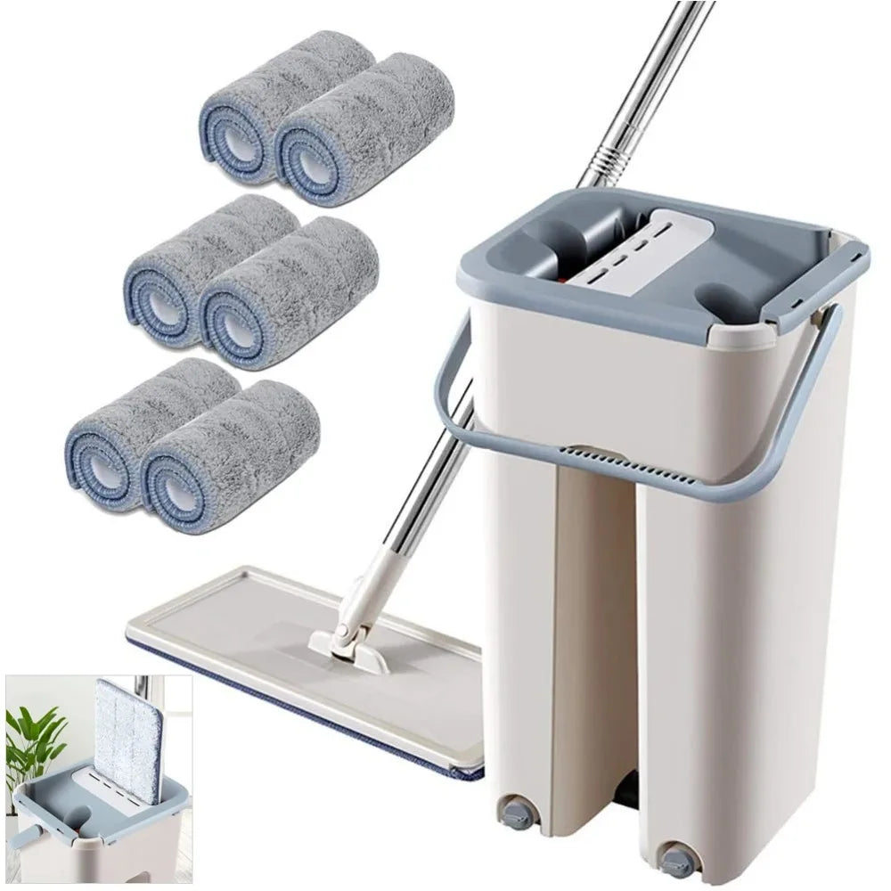Flat Squeeze Mop with Bucket Easy Wring Multi Purpose Floor Cleaning Wet Dry Use Microfiber Pad for Hardwood and Laminate
