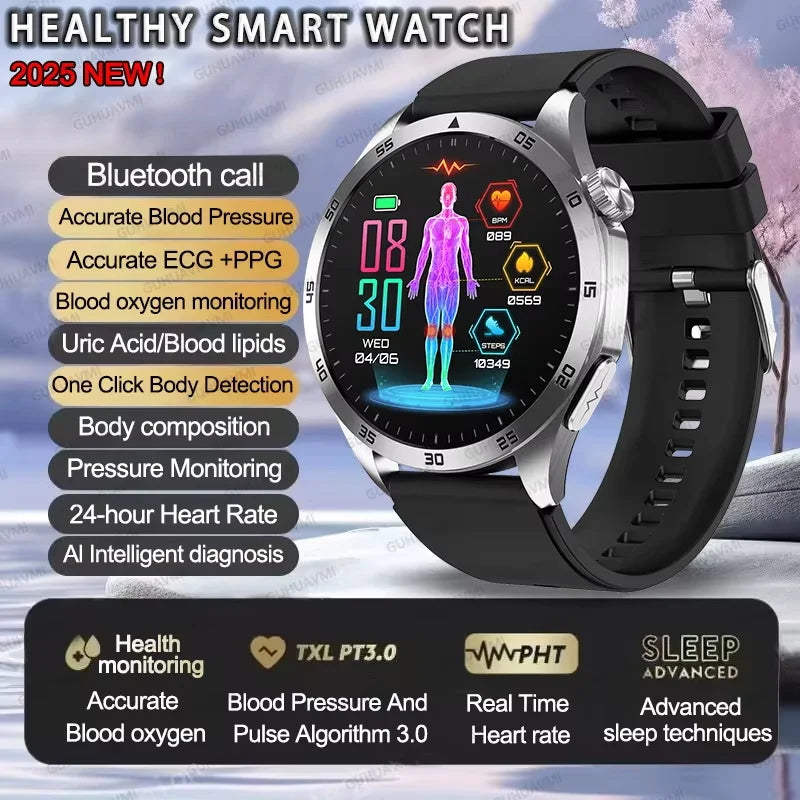 For iOS Android New Health Measurement SmartWatch Men Blood Oxygen Uric Acid ECG+PPG Body Blood Pressure HD Bluetooth Call Watch