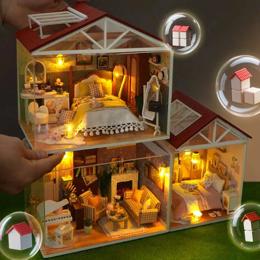 DIY Doll House Wooden Miniature Kit with Furniture Set Handmade Model Assembly Toy Case for Birthday Gifts