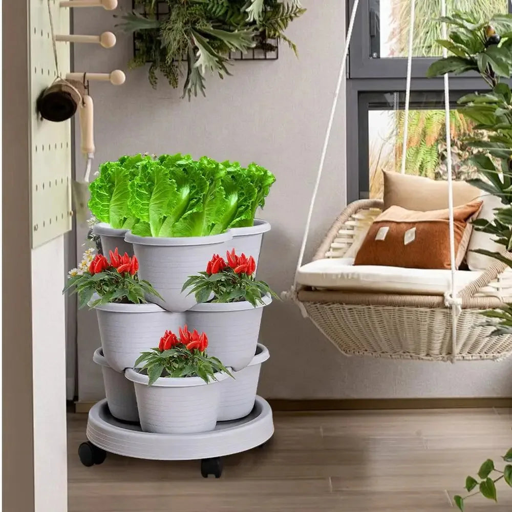 New Vertical Tower Stackable FlowerPot Plastic with Movable Casters Flower Pot Multi-layer Strawberry Planter Tower Home Garden