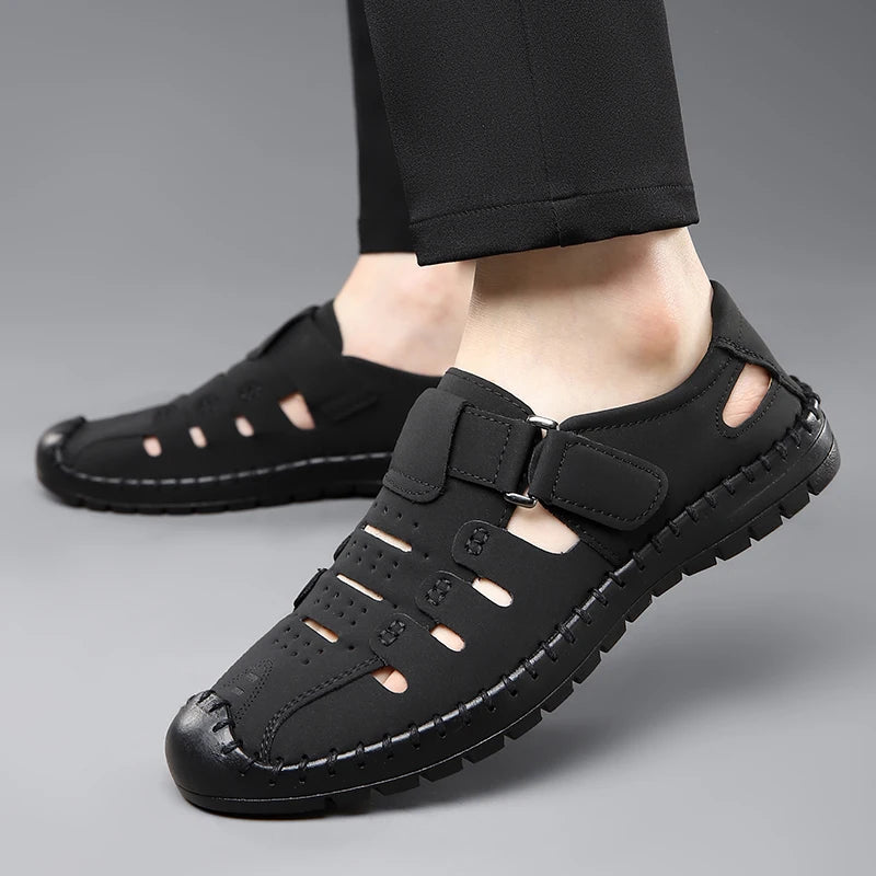 Men's Summer Hollow out Comfortable Breathable Slip-On Leather Shoes Anti-Slip Soft Bottom Outdoor Casual Loafers-1375