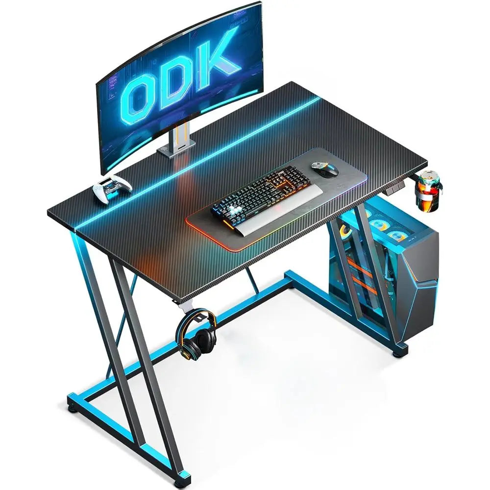Carbon Fiber Black 80cm LED Gaming Desk with Cup Holder and Peg Hook
