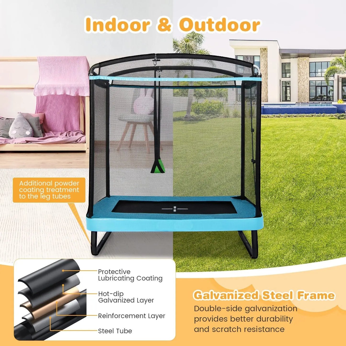 GOFLAME 2-in-1 Kids Trampoline 7FT Toddler Trampoline Swing Enclosure Safe Net-Blue