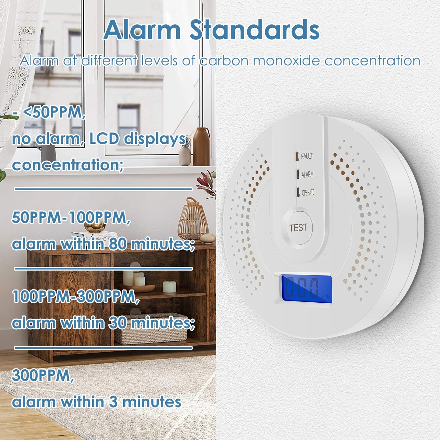 Independent CO Alarm Sensor Carbon Monoxide Alarm Detector High Sensitive Warning LCD Display CO Alarm With UL2034 For Home Test
