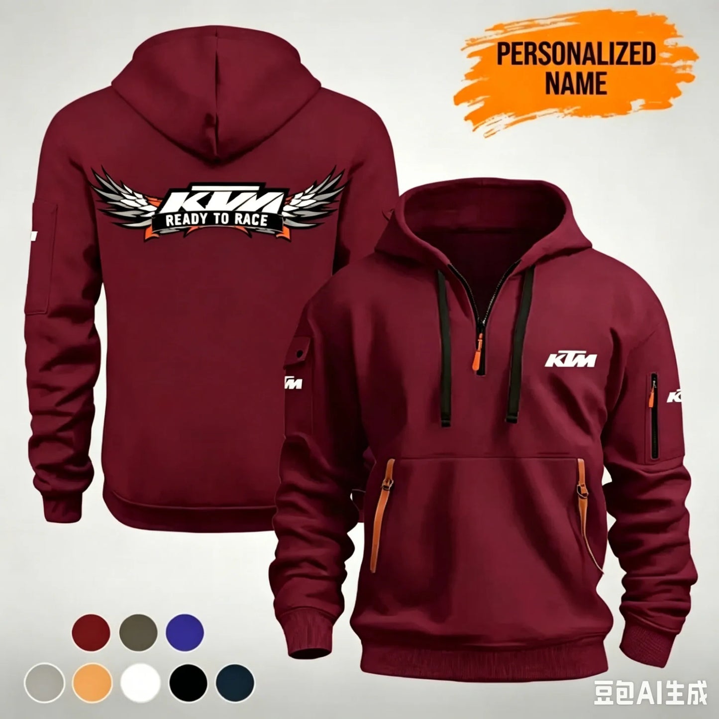 The KTM “Ready to Race” printed half-zip hoodie features workwear pockets and arm pockets, perfect for motorcycle enthusiasts.