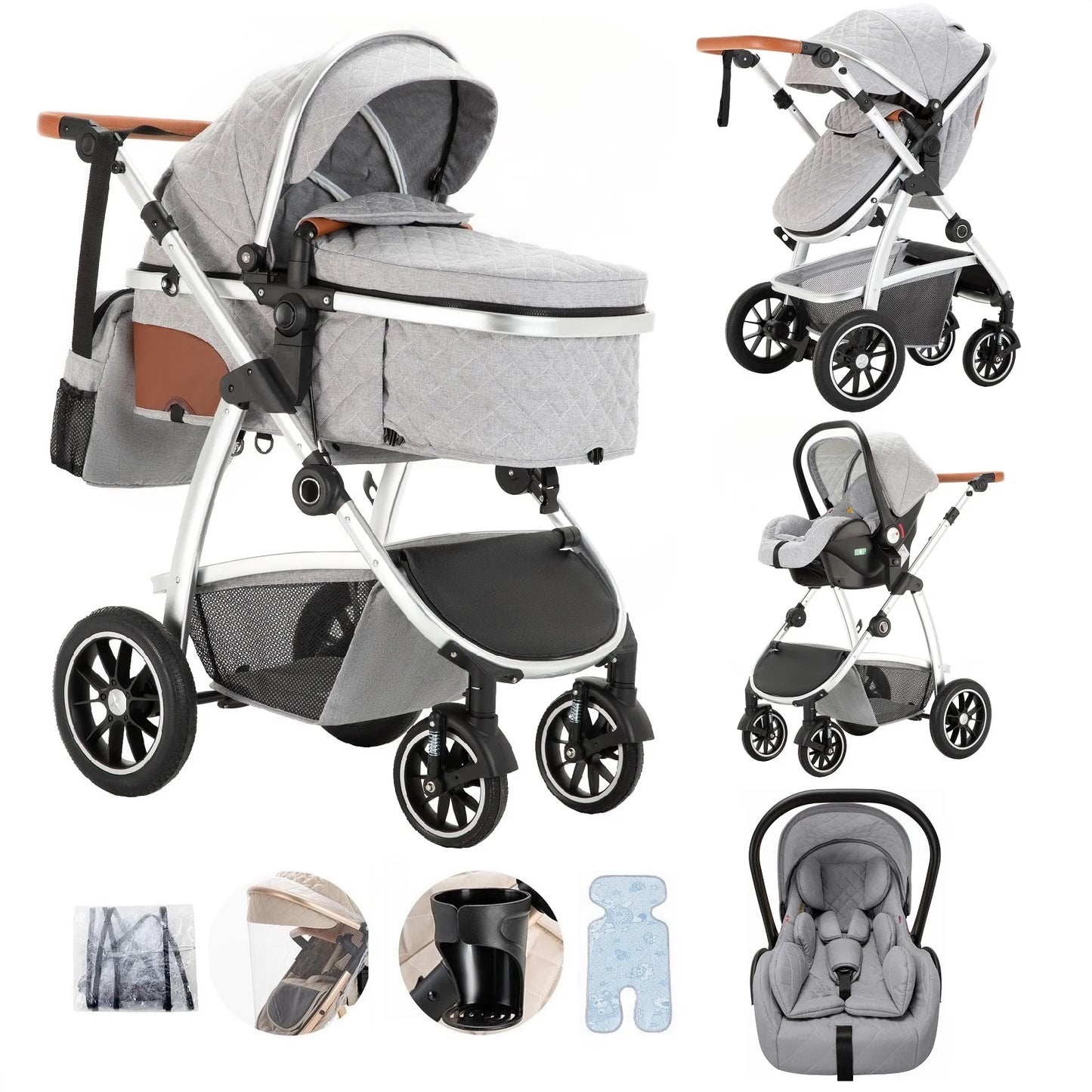 3 in 1 Prams Travel System, Pushchair with Height Adjustable Handle, Travel Pram with Mosquito Net, Baby Stroller with Aluminum