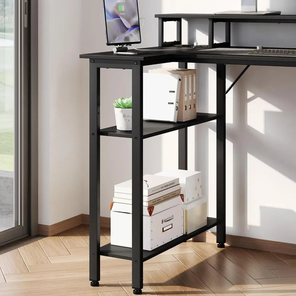 120x70cm L-Shaped Computer Desk with Power Outlets, Monitor Stand and Reversible Shelves, Black