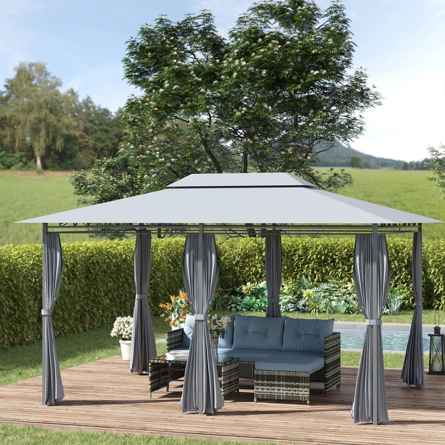 Outsunny 4m x 3(m)Garden Gazebo, Double Roof Outdoor Gazebo Canopy Shelter with Curtains, Solid Steel Frame