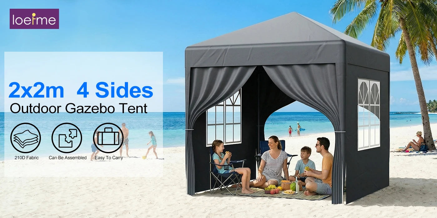 LOEFME 2x2M Pop Up Gazebo Waterproof Windproof Portable Outdoor Canopy Sun Shelter Removable 4 Sides Cloths Garden Camping Tent