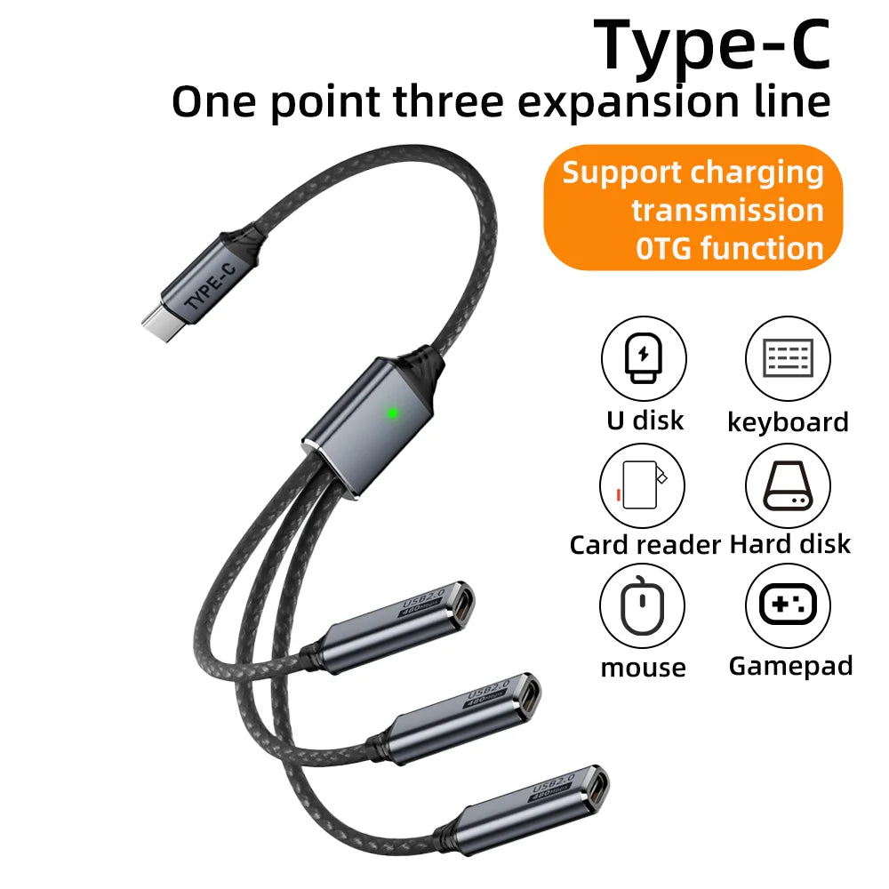 3 in 1 USB A & Type C Splitter HUB Expansion Cable Multi Port Expander OTG Adapter Fast Charging Data Sync for Phone Tablet