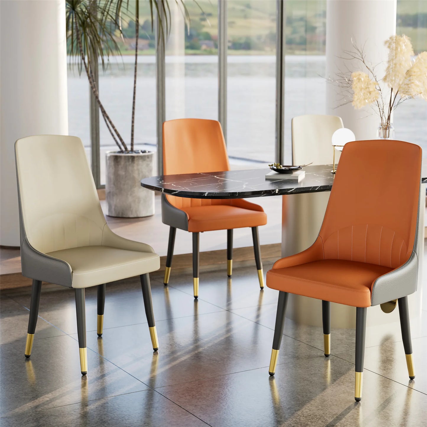 Faux Leather Dining Chairs Set of 2, Modern Upholstered Kitchen Dining Room Chairs Armless Accent Side Chairs with Metal Legs