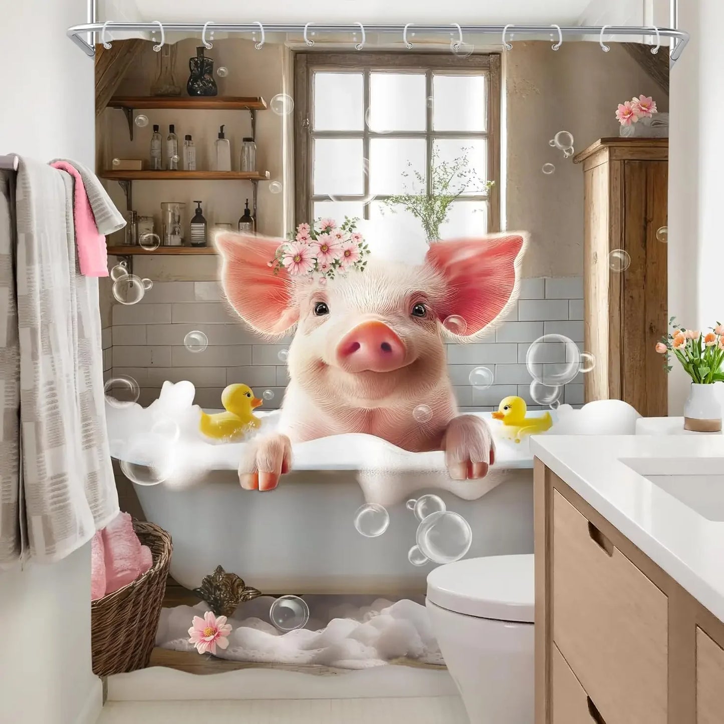 Funny Pig Shower Curtain Farmhouse Rustic Farm Animal in Bathtub Cute Western Country Shower Curtain Bathroom Set Pink Floral