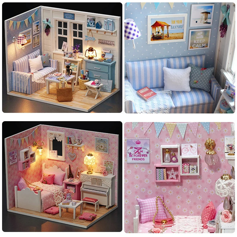 Wooden Mini Doll House Assembled Model Building Small House Kit 3D Puzzle Toys Bedroom Decoration With Furniture Gifts Dollhouse