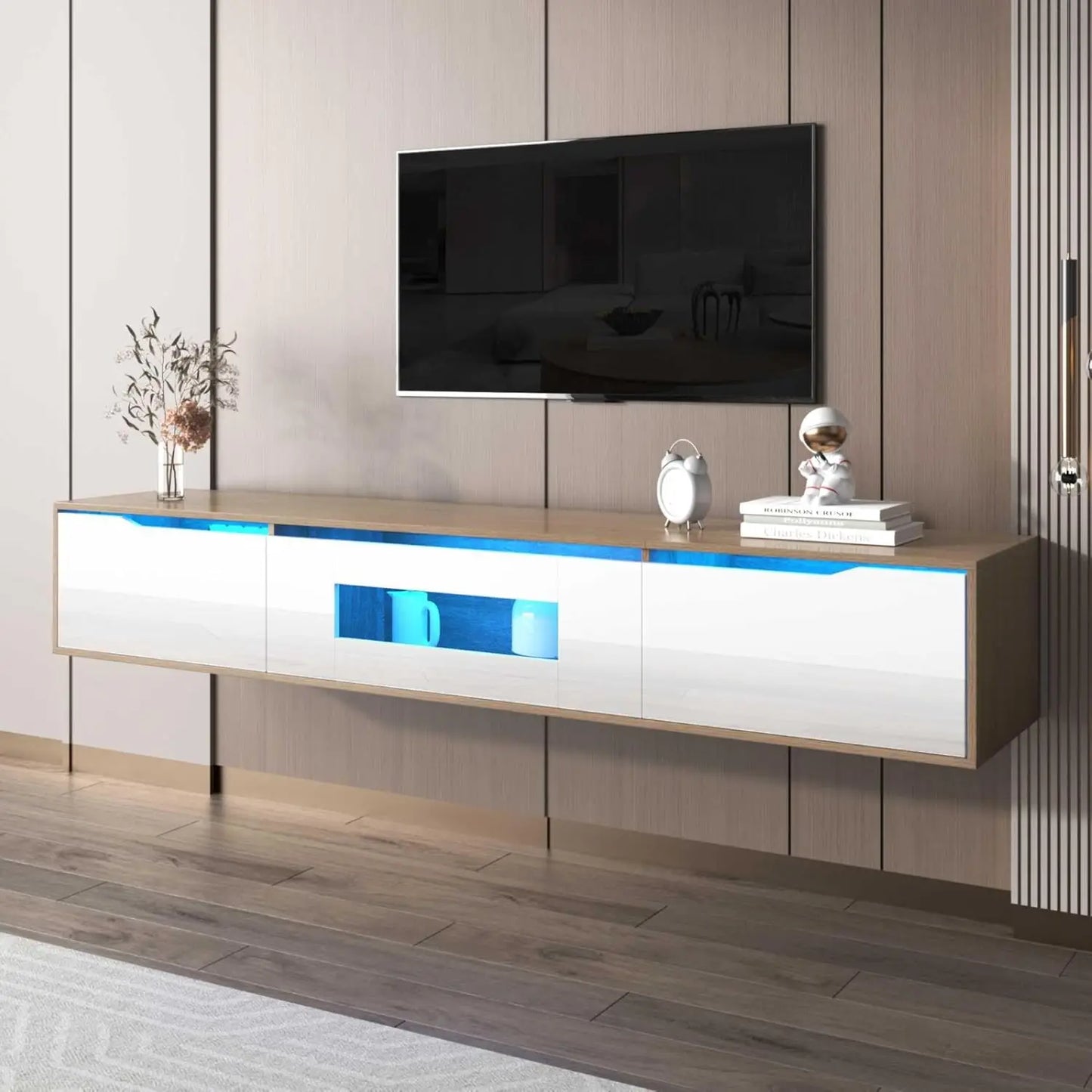 TV Cabinet High Gloss TV Cabinet Color Matching High Gloss White and Wood with Color Changing LED Light (White)