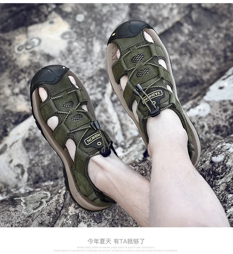 Summer Sandals Leather Outdoor Men Beach Shoes Luxury Breathable Casual Sandal Man Wading Shoes Non-slip Wide lining Slippers