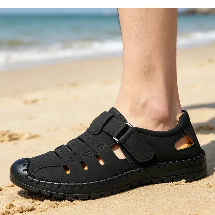 Men's Summer Hollow out Comfortable Breathable Slip-On Leather Shoes Anti-Slip Soft Bottom Outdoor Casual Loafers-1375