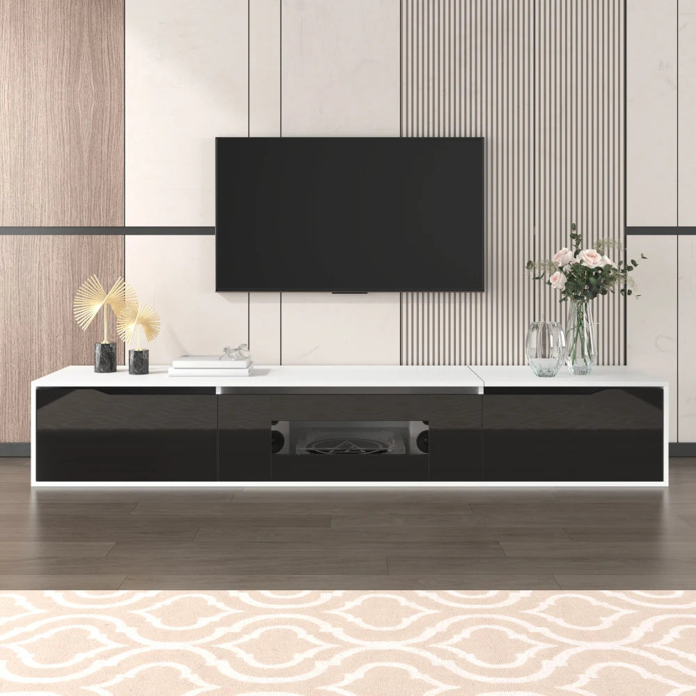 PINGGO TV cabinet, high-gloss TV cabinet, matching colours in white and high-gloss black, with colour-changing LED lights