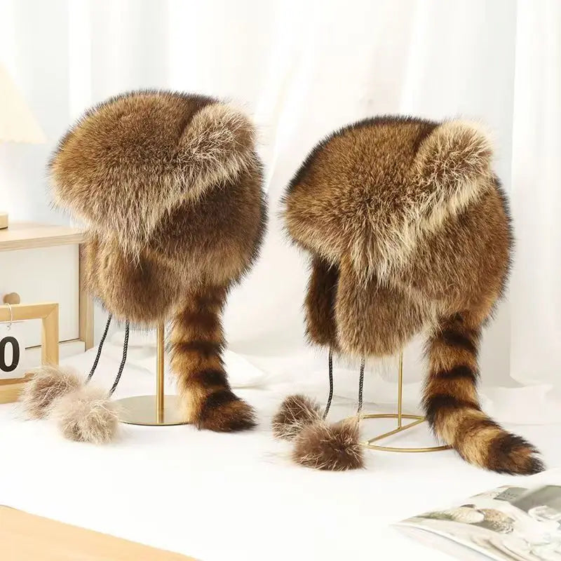 trend Raccoon imitateFur Cap Tail Women imitateNatural Raccoon Fur Caps Ushanka Hats for Winter Thick Warm Ears Fashion