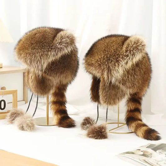 trend Raccoon imitateFur Cap Tail Women imitateNatural Raccoon Fur Caps Ushanka Hats for Winter Thick Warm Ears Fashion