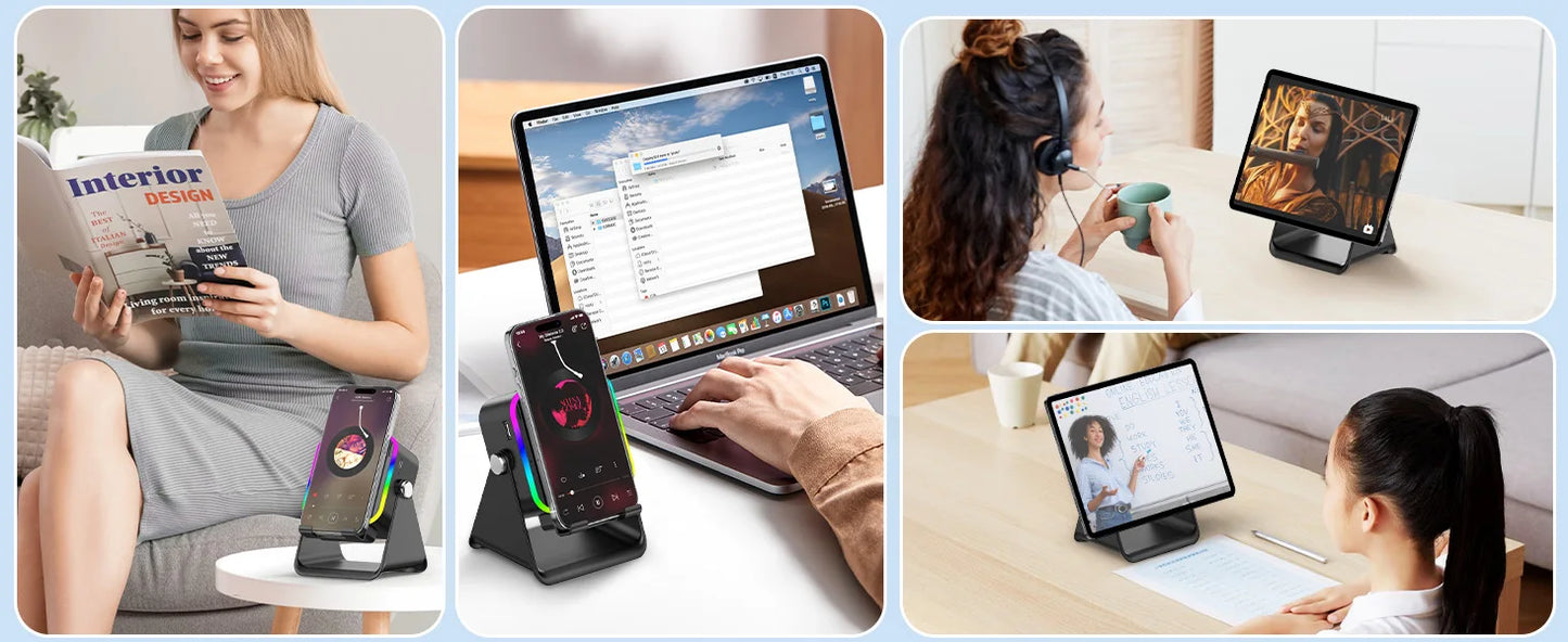 Magnetic Induction Speaker Phone Stand Wireless Bluetooth Phone Holder Amplifier Portable Desk Speaker RGB Light 5000mAh Battery