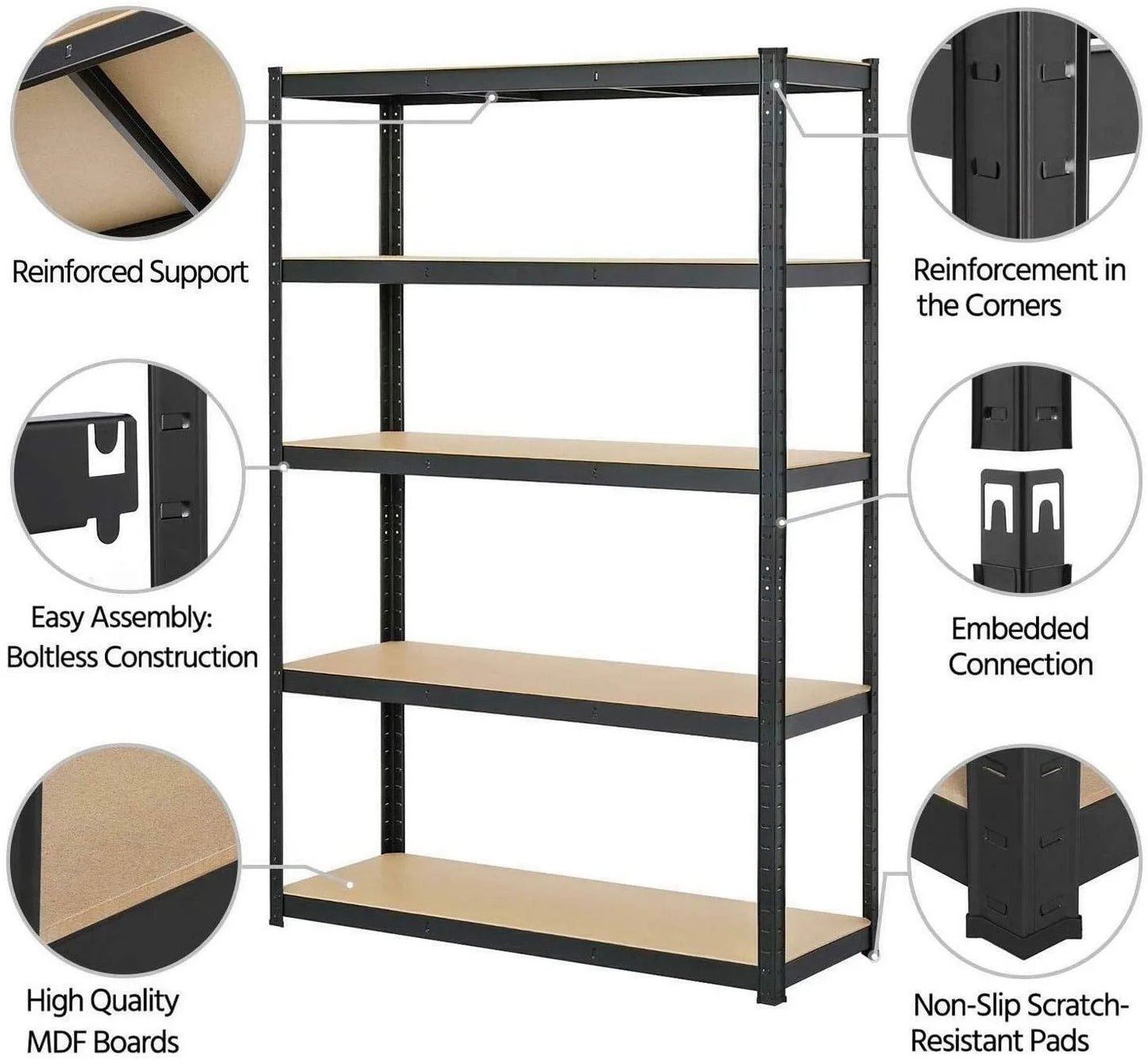 5 Tier Metel Garage Shelf Unit 150x70x30cm, Heavy Duty, Boltless Design, for Warehouse Workshop Office, 875kg Total Capacity