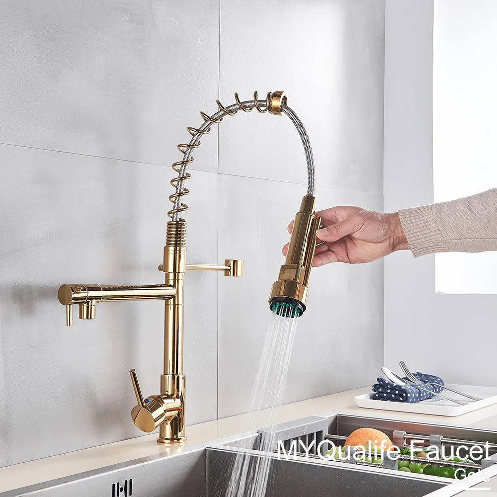 Black Pull Down Brass Kitchen Sink Faucet Hot Cold Water Mixer Crane Tap with Dual Spout 360 Rotation High Faucet Deck Mounted
