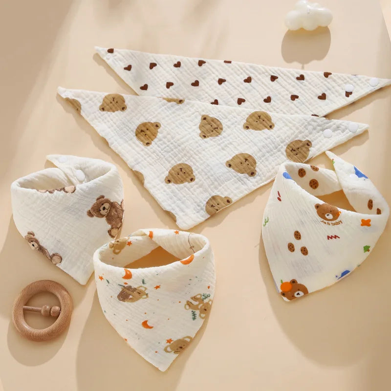 0-2Year Baby Bibs Saliva Scarf 5Pcs Triangle Scarf Cartoon Bear 4-Layer Linen Cotton Newborn Boy Girl Absorbent Cloth Baby Bibs