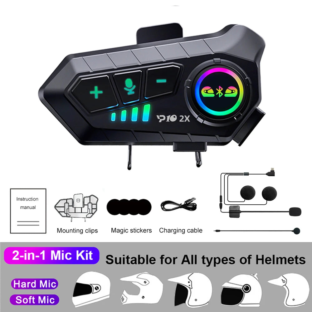 Kebidumei YP10 2X Wireless Bluetooth5.3 Motorcycle Helmet Intercom Headset Waterproof 300 m Intercomunicador Speaker Earphone