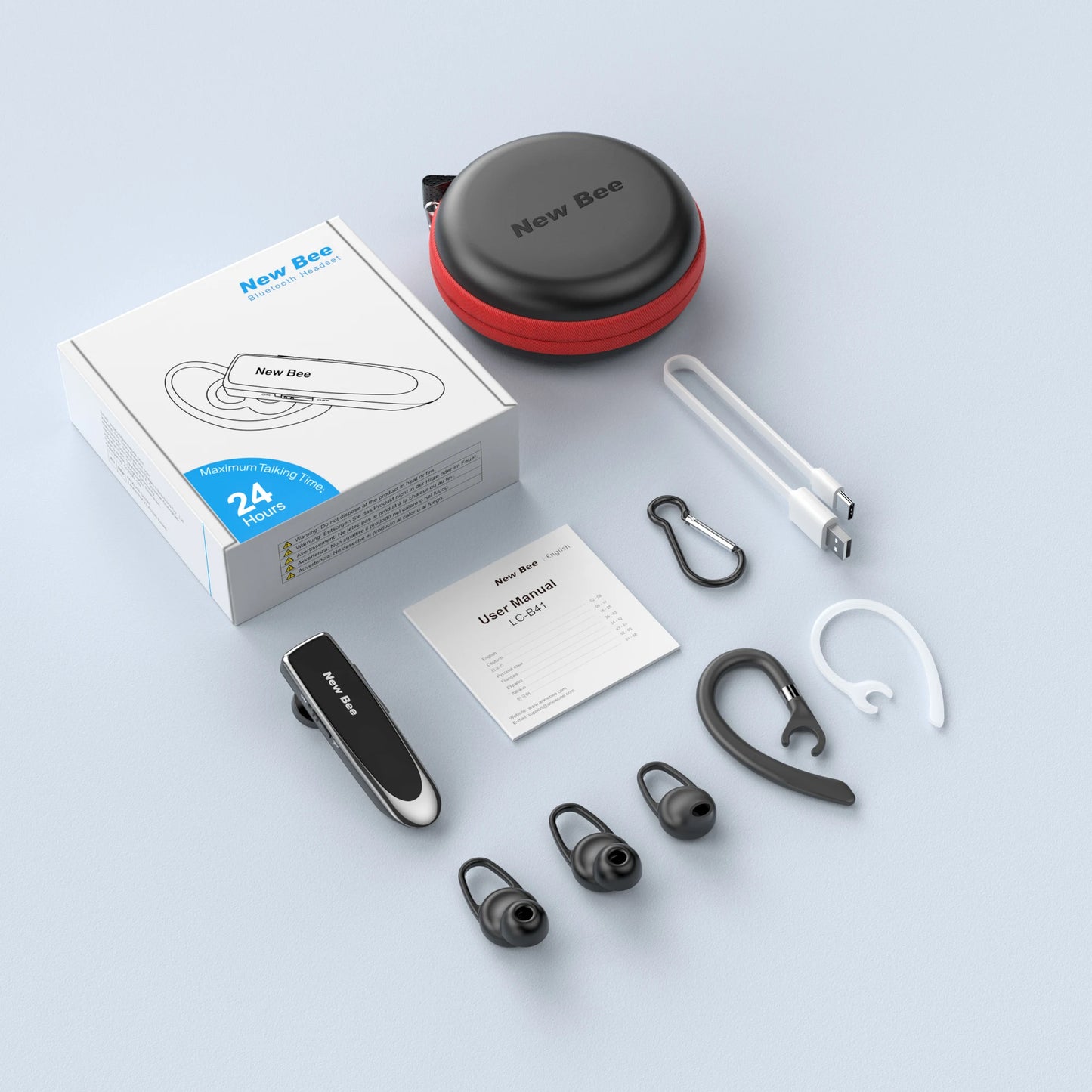 New Bee Bluetooth Headset Wireless Earphones Headphones with Mic 24Hrs Earbuds Single Earpiece Mini Handsfree for Driver Office