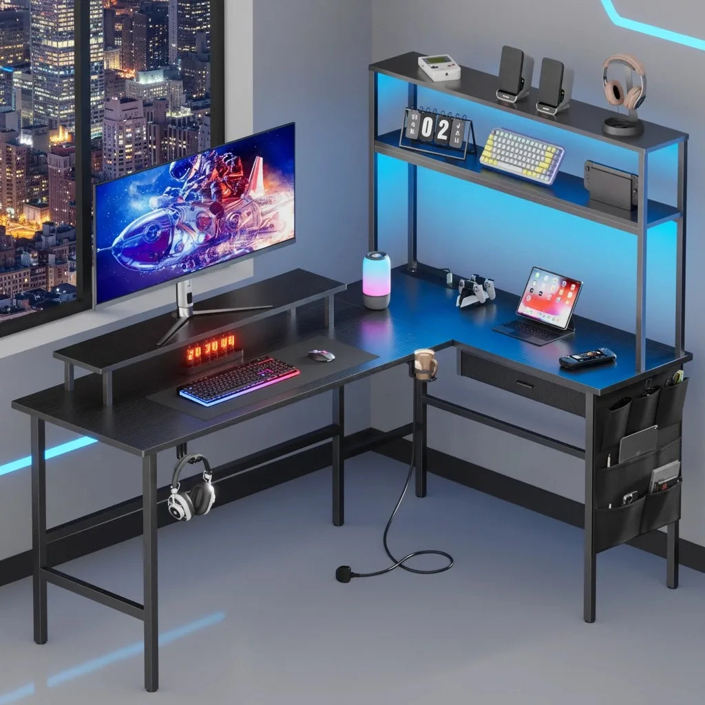 Reversible Computer Desk with LED Lights and Drawer, L Shaped Corner Gaming Desk with Storage Shelves & Bag, Desk Shelf for