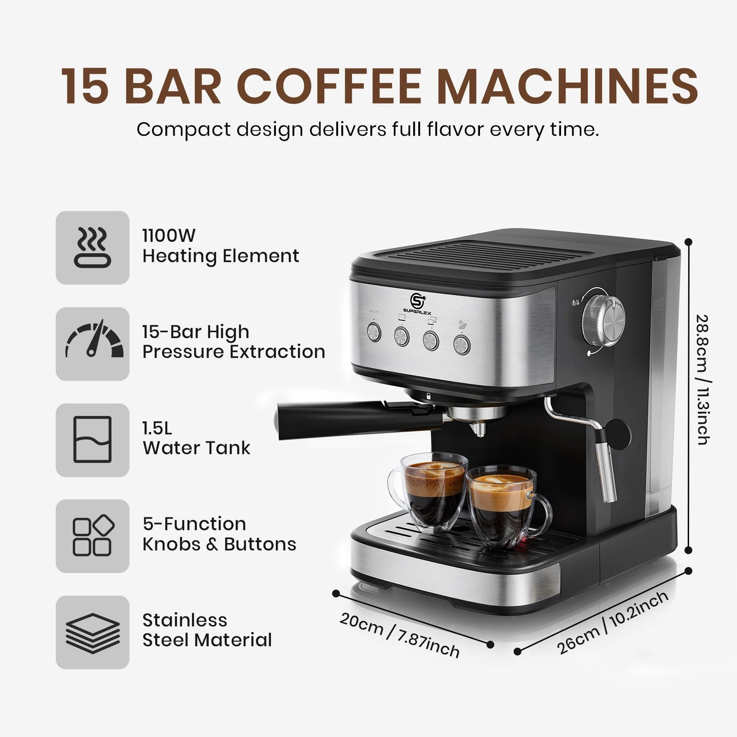 SUPERLEX Semi Automatic Italian Coffee Machine 1100W Pressure High-pressure Extraction and Milk Froth Two in One Coffee Machine