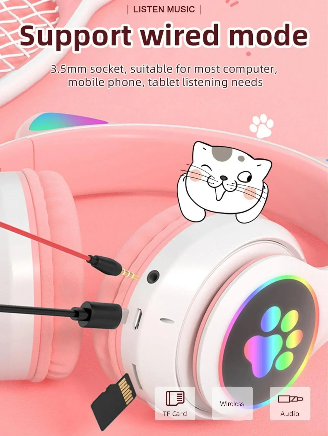 New Cute Cat Wireless Headphones RGB Cute Cat Ears Headset With Microphone Noise Cancelling Kid Stereo Music Children's Gifts