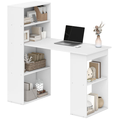 HOMCOM 120cm Computer Desk, Wooden PC Laptop Table with 6-Tier Storage Bookshelves, Home Office Working Study Desk, Writing Workstation, White