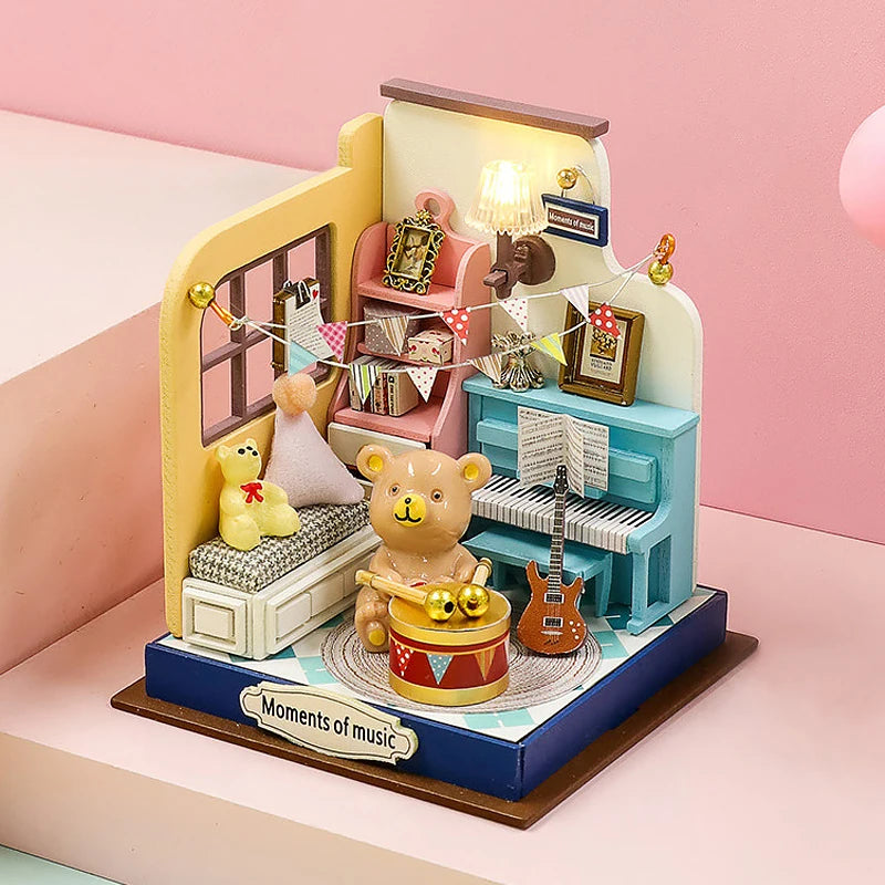 3D Puzzles Wooden Coffee Shop Mini Dollhouse Kit DIY Handmade Assembly Building Dollhouses Toys For Kids Birthday Gifts