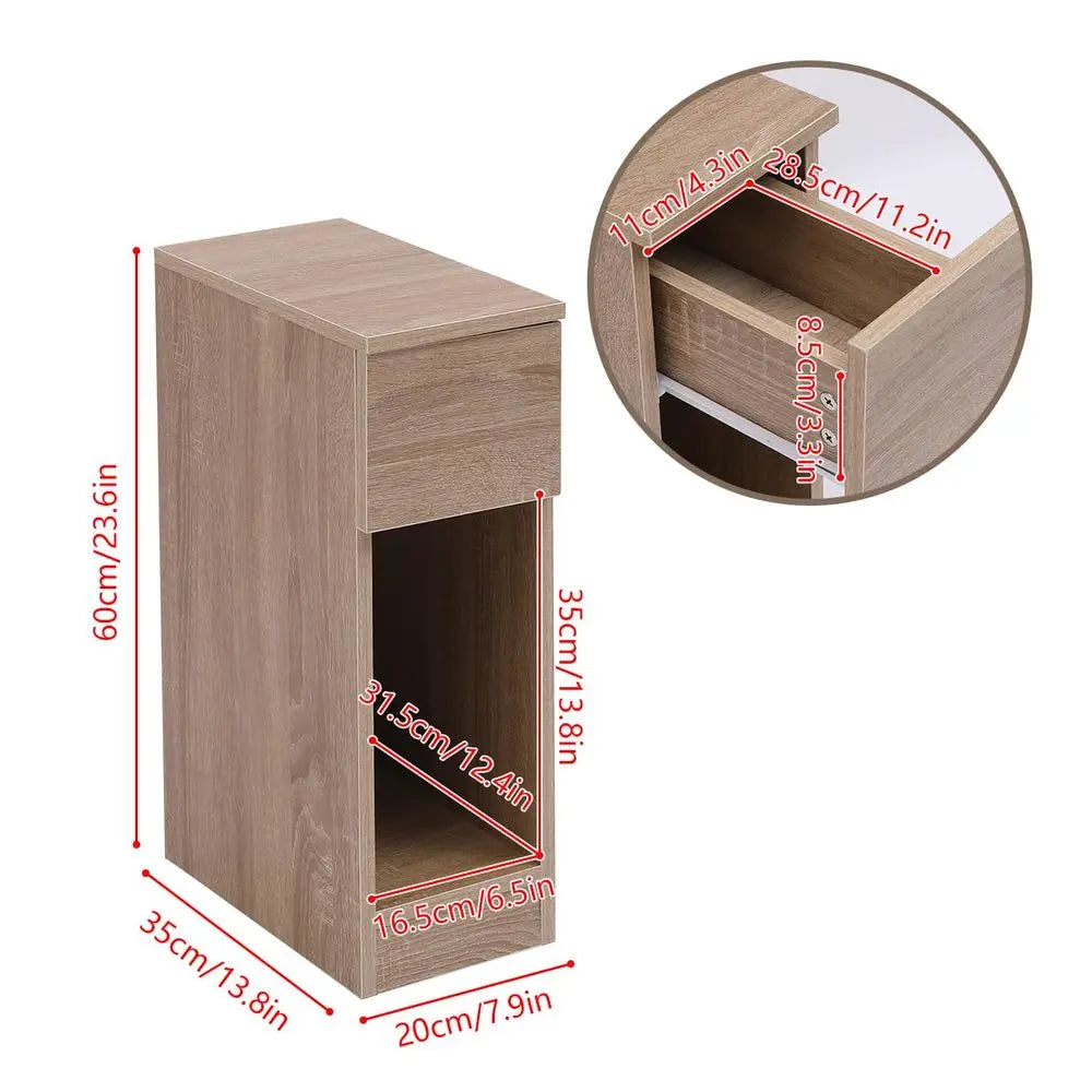 Slim Bedside Table with Drawer 20cm Width Narrow Bedside Table Small Nightstand for Bedroom Brown