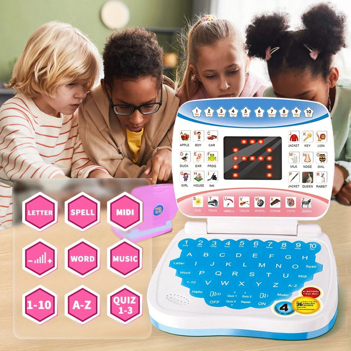 Electronic mini learning computer toy, alphanumeric music function, children's puzzle early education gift (excluding battery)