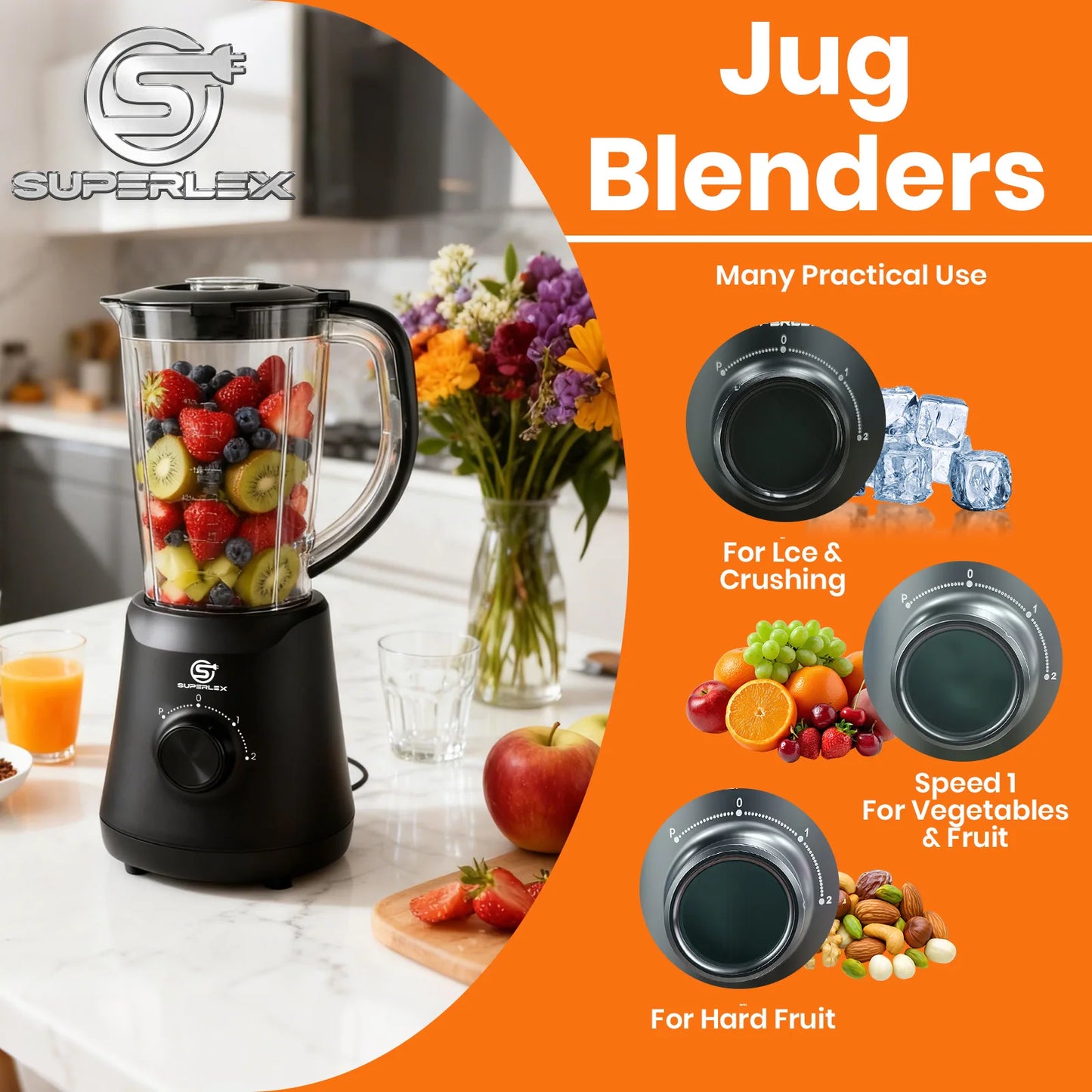 SUPERLEX 500W 2 in 1 Blender With 1.5L Glass Jar Powerful Performance 2 speeds with chopping kneading grinding blender Fruit Mix