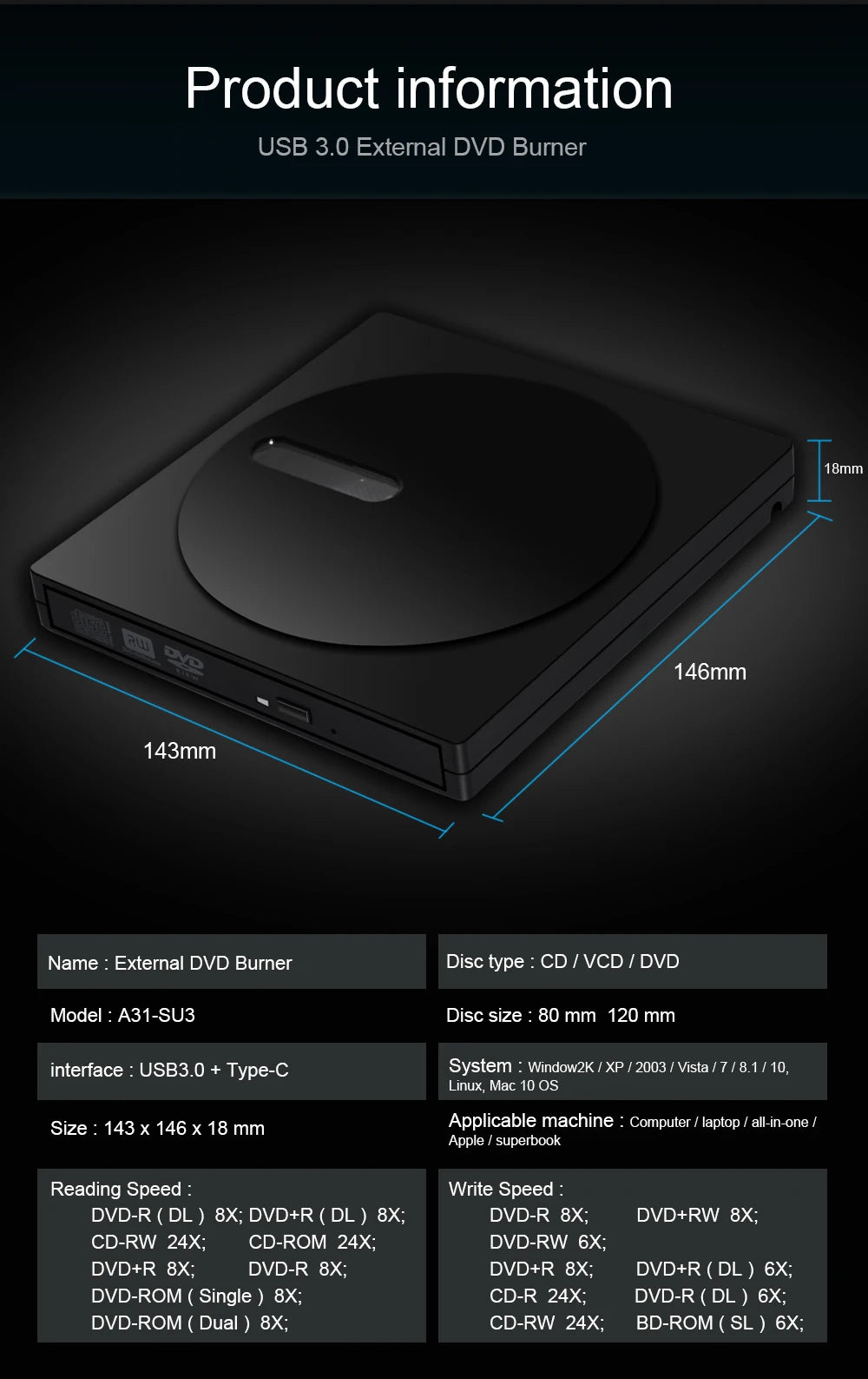 Deepfox USB 3.0 Slim External DVD RW CD Writer Drive Burner Reader Player Optical Drives For Laptop PC Dvd Burner Dvd Portatil