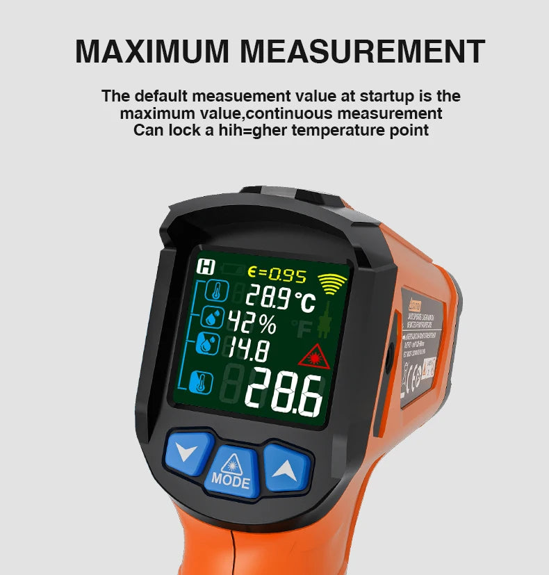 Digital Infrared Thermometer Non-contact Pyrometer Laser Temperature Meter Imager Hygrometer IR Termometro Color LCD Light Alarm