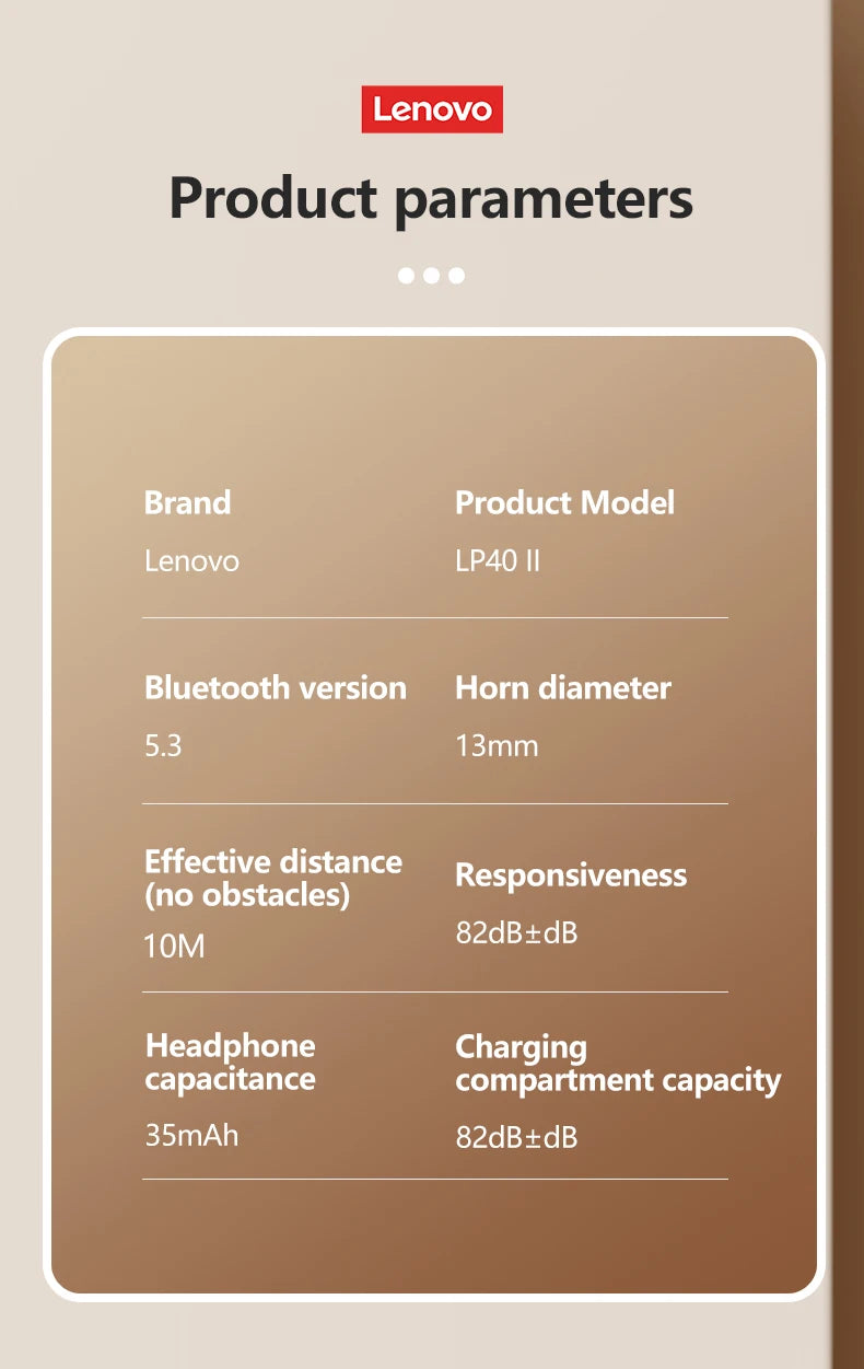 Lenovo LP40 II Earphones Original LP40 plus TWS Wireless Bluetooth 5.3 Headphones Sport Noise Reduction Touch Control Earbudss