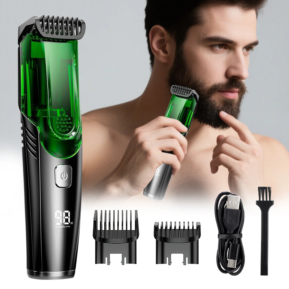 Cordless Men Beard Trimmer Rechargeable Electric Shaver with 20 Trim Built-in Vacuum Clipper for Mustache Sideburns Grooming Kit