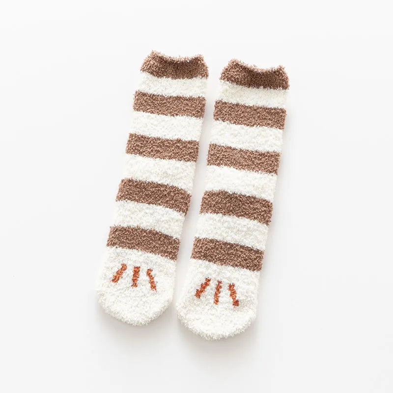 Autumn Winter Coral Velvet Socks Cute Cat Claw Socks For Women Children Girls Middle Tube Thickened Sleep Socks Home Floor Socks