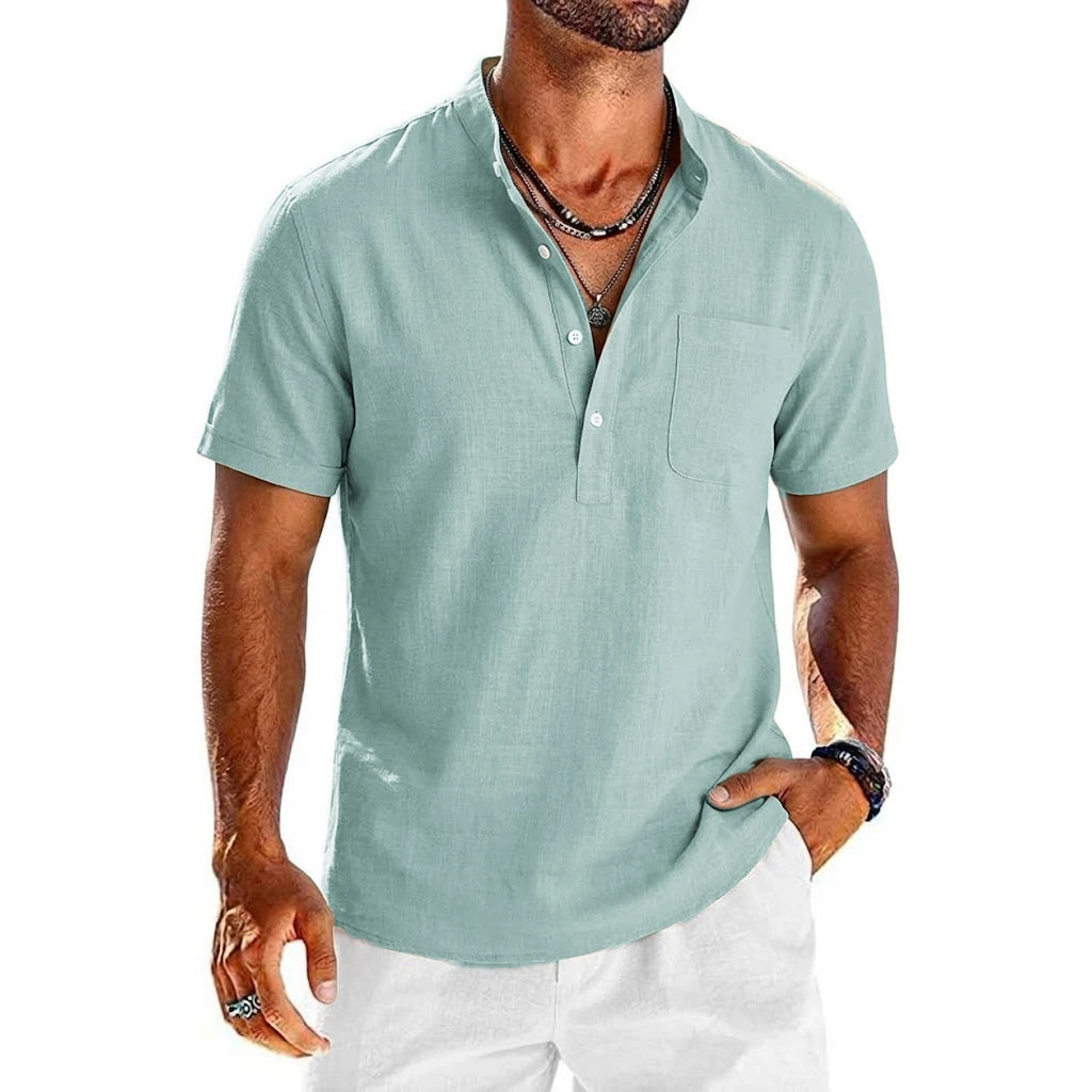 Summer Men's Short Sleeve Linen Shirts Lightweight T-shirts for Men Breathable Henley Shirt Casual Pocket Button Tee Beach Shirt