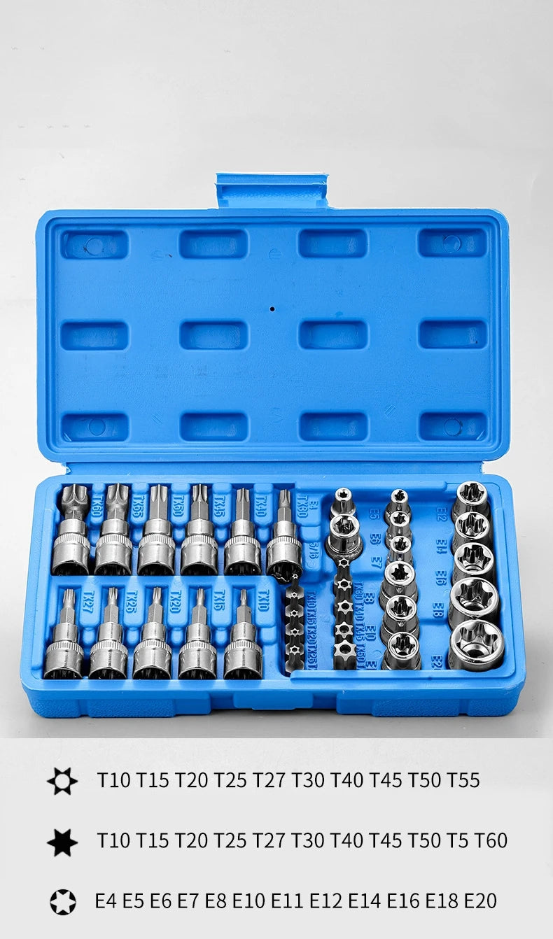 Professional 34pcs Torx Bit Socket & E-Torx Star Socket Set 1/4" 3/8" 1/2" Drive Male Female E-torx Bits Handheld Tool with Case