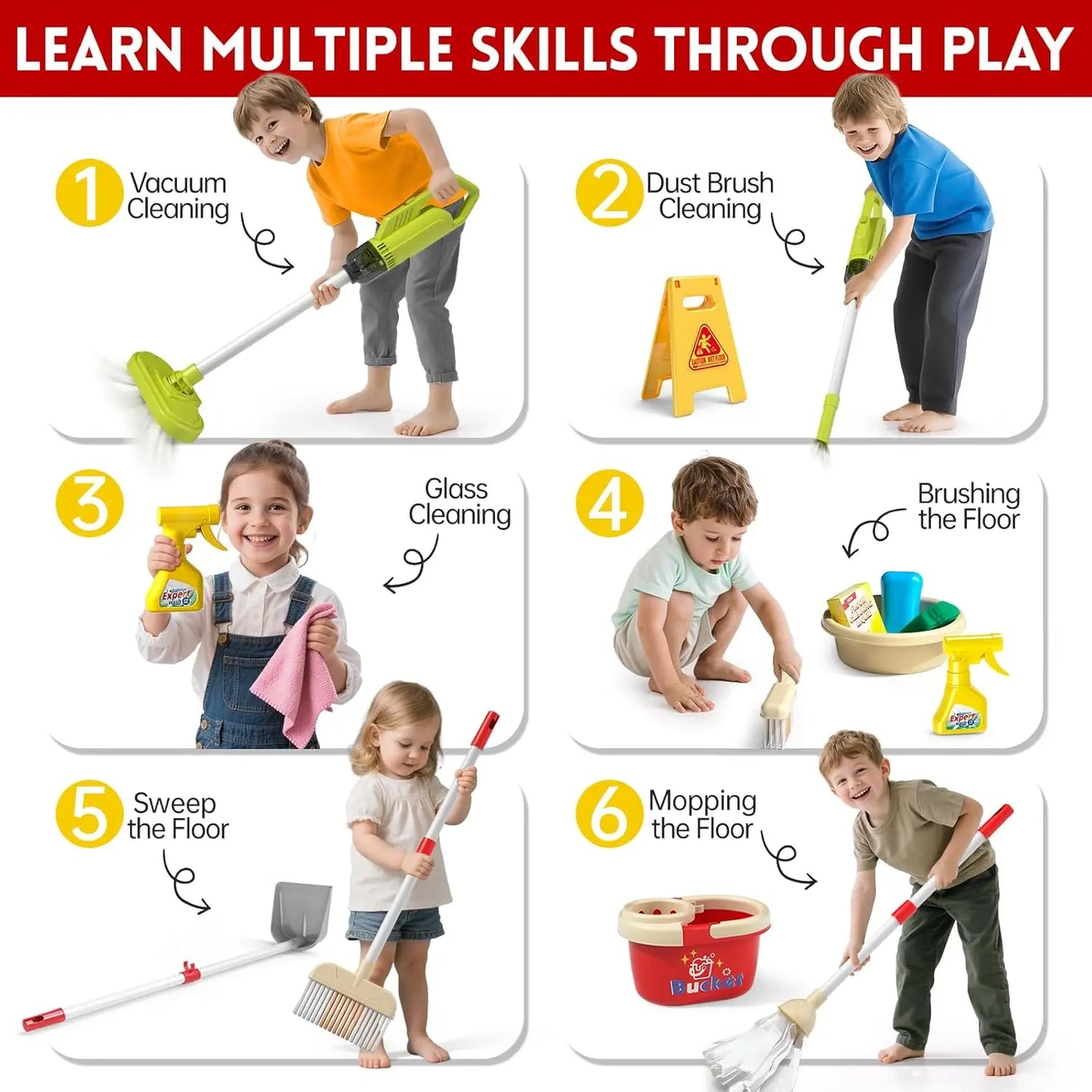Kids Cleaning Toy Set Housekeeping Electric Vacuum Cleaner Tool Girls Pretend House Play Toys Broom and Mop Set for Kids Gift