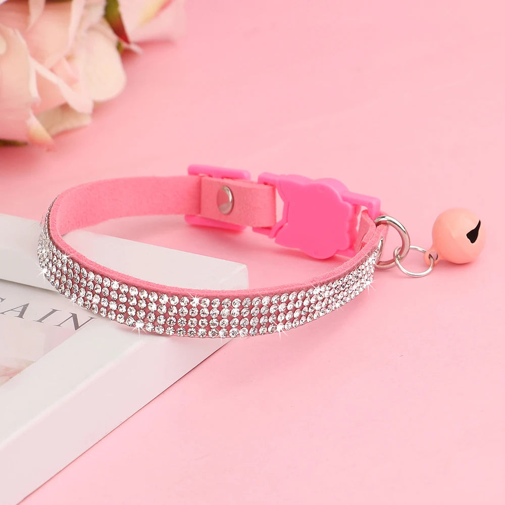 Soft Pink Suede Leather Cat Collar - Cute Bling Rhinestone Design, with Bell & Safety Breakaway Buckle, Adjustable XS/S Sizes