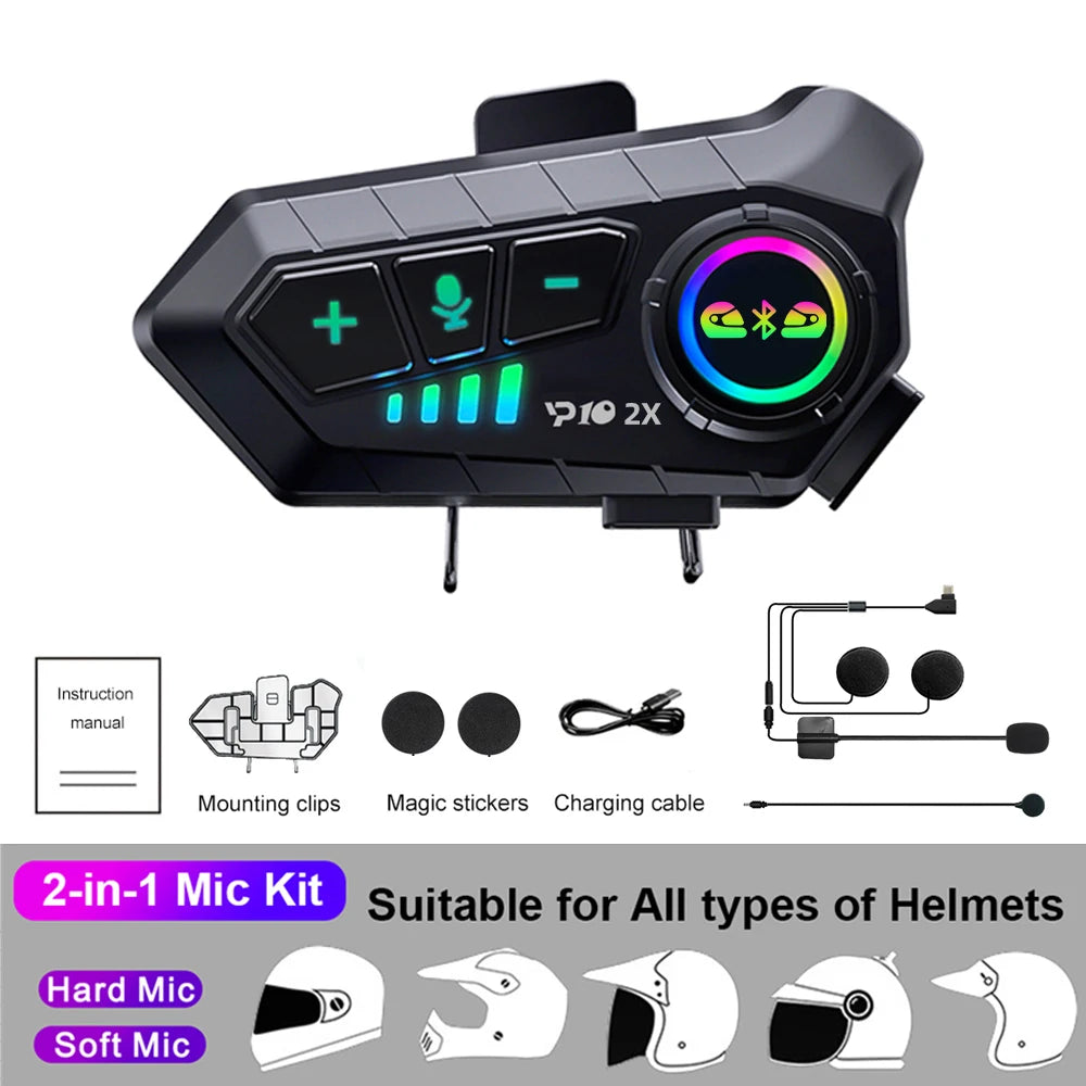 Kebidumei YP10 2X Wireless Bluetooth5.3 Motorcycle Helmet Intercom Headset Waterproof 300 m Intercomunicador Speaker Earphone
