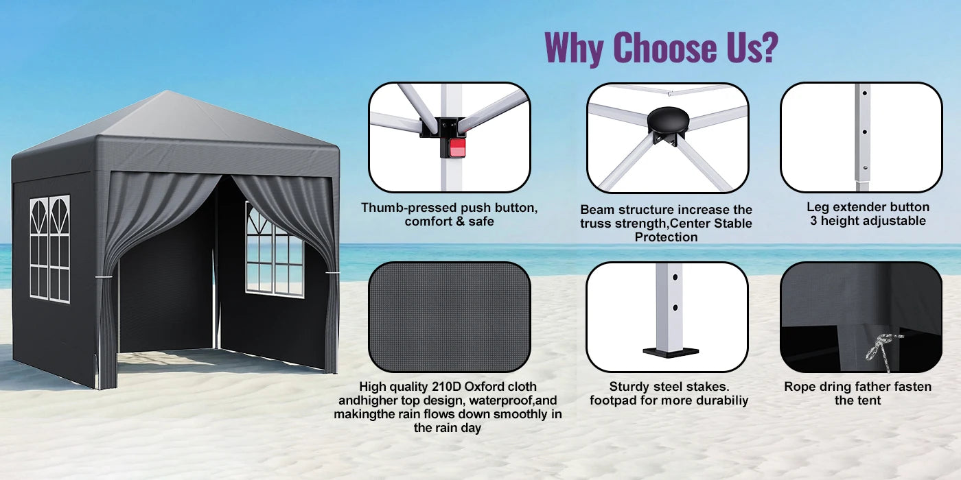LOEFME 2x2M Pop Up Gazebo Waterproof Windproof Portable Outdoor Canopy Sun Shelter Removable 4 Sides Cloths Garden Camping Tent