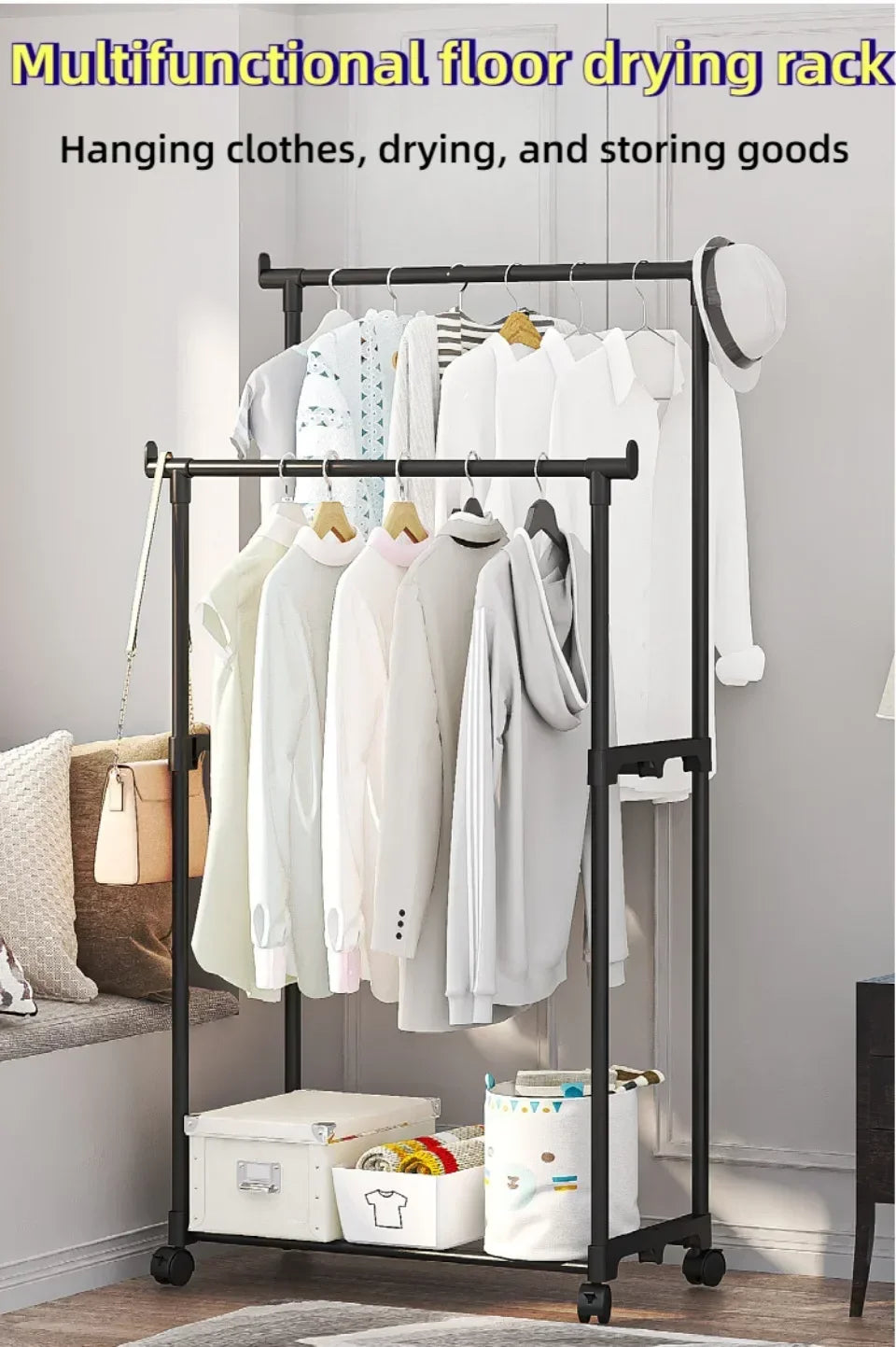 Standing Clothes Hanger Movable Simple Clothing Shelf Bedroom Storage Rack Assembled Closet Organizer Double Rod Coat Rack Floor