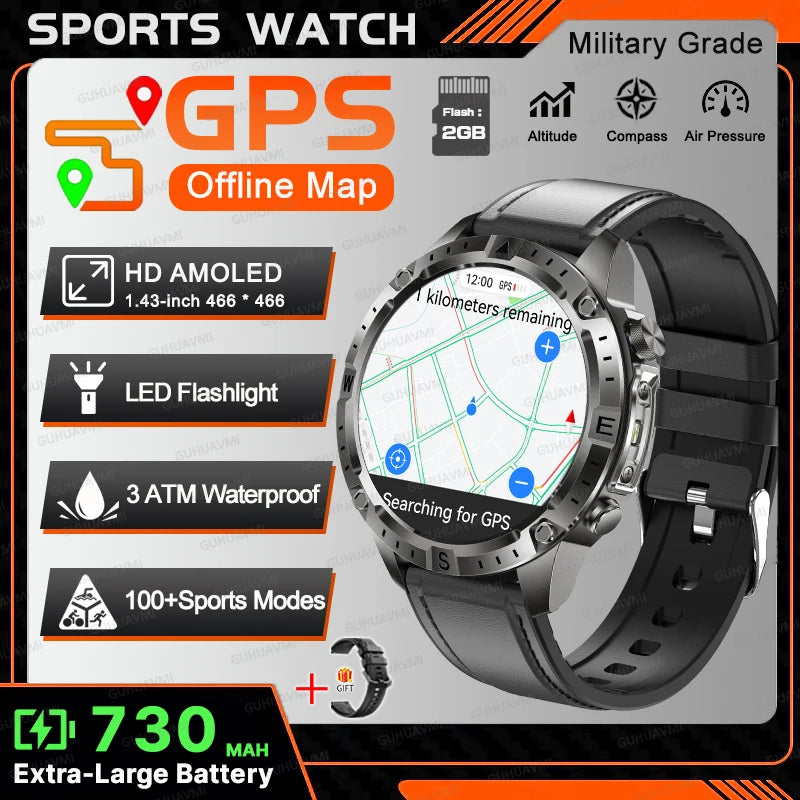 New TANK Military GPS Offline Map Smart Watch 730mAh 3 ATM Waterproof Sports Compass Heart Rate 2GB HD Bluetooth Call SmartWatch